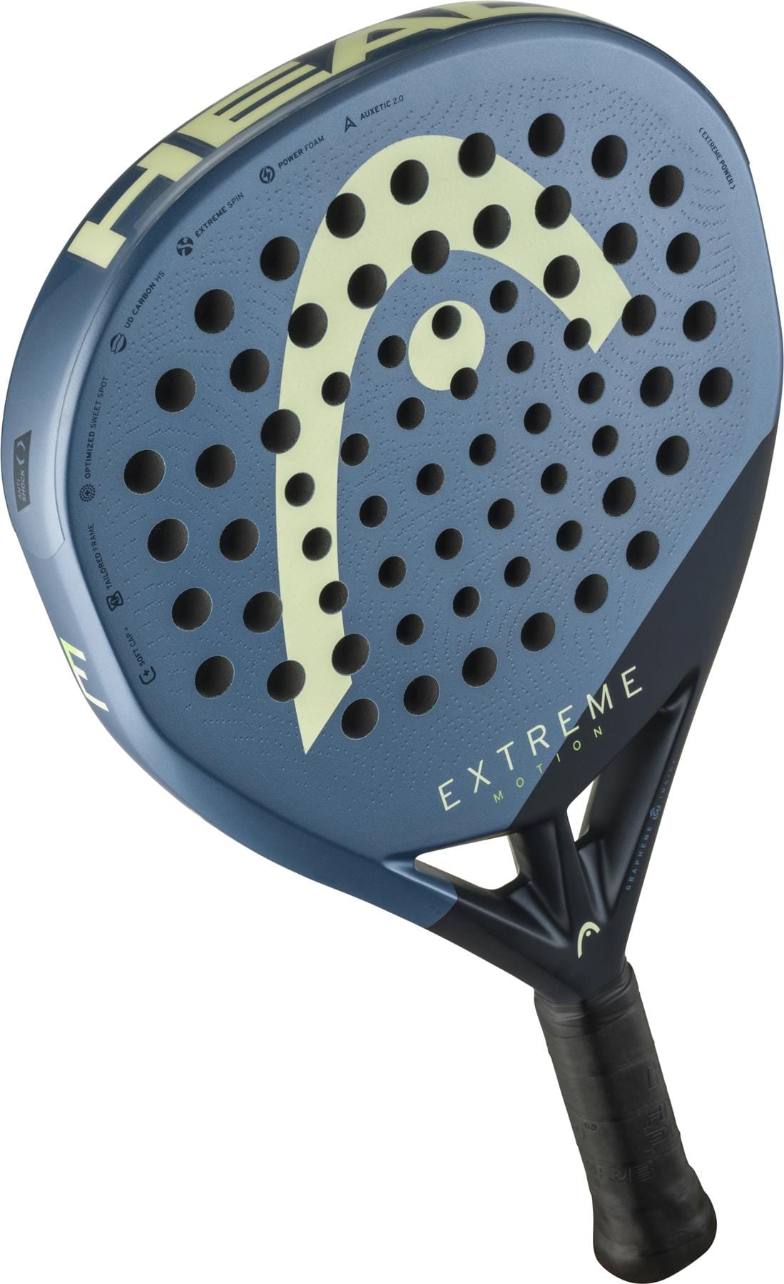 The HEAD Extreme Motion 2025 Padel Racket - Blue features a perforated face with "EXTREME MOTION" labeling and the HEAD logo, shown on a white background—ideal for players seeking a powerful racket.