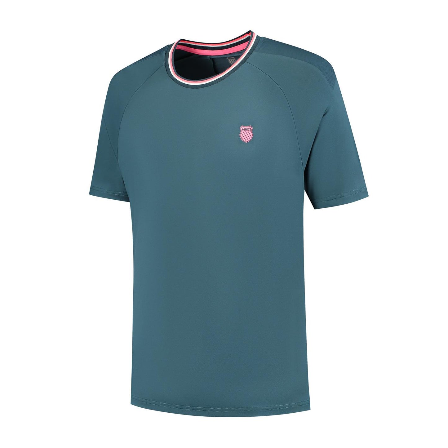 The K-Swiss Hypercourt Mesh Crew 4 Men's Padel T-Shirt in Stargazer features short sleeves and a small pink and white badge on the chest. It has a collar with pink and white stripes, adding contrast to its modern design, making it ideal for intense Hypercourt matches.