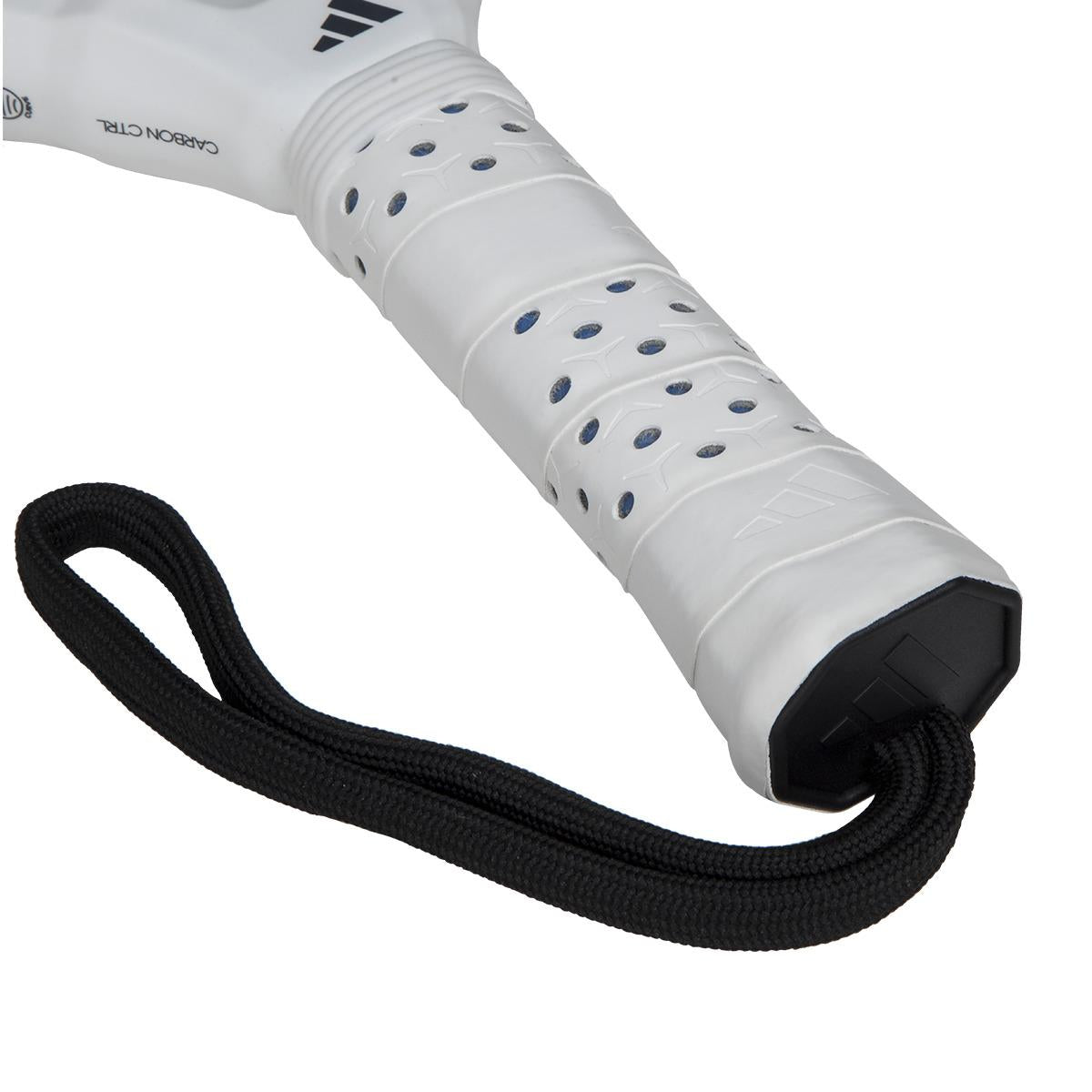 Close-up of a textured white tennis racket handle with small holes and subtle logos, ideal for advanced players. A black wrist strap is attached, similar to the style in premium models such as the adidas Metalbone Carbon CTRL 3.4 Padel Racket - Black / Gold.