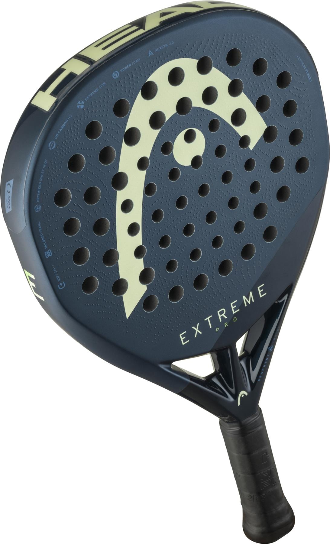 The HEAD Extreme Pro 2025 Padel Racket by HEAD features a diamond-shaped head, perforated face, angled design, and a black grip handle in blue, enhanced with Extreme Spin technology for superior control.