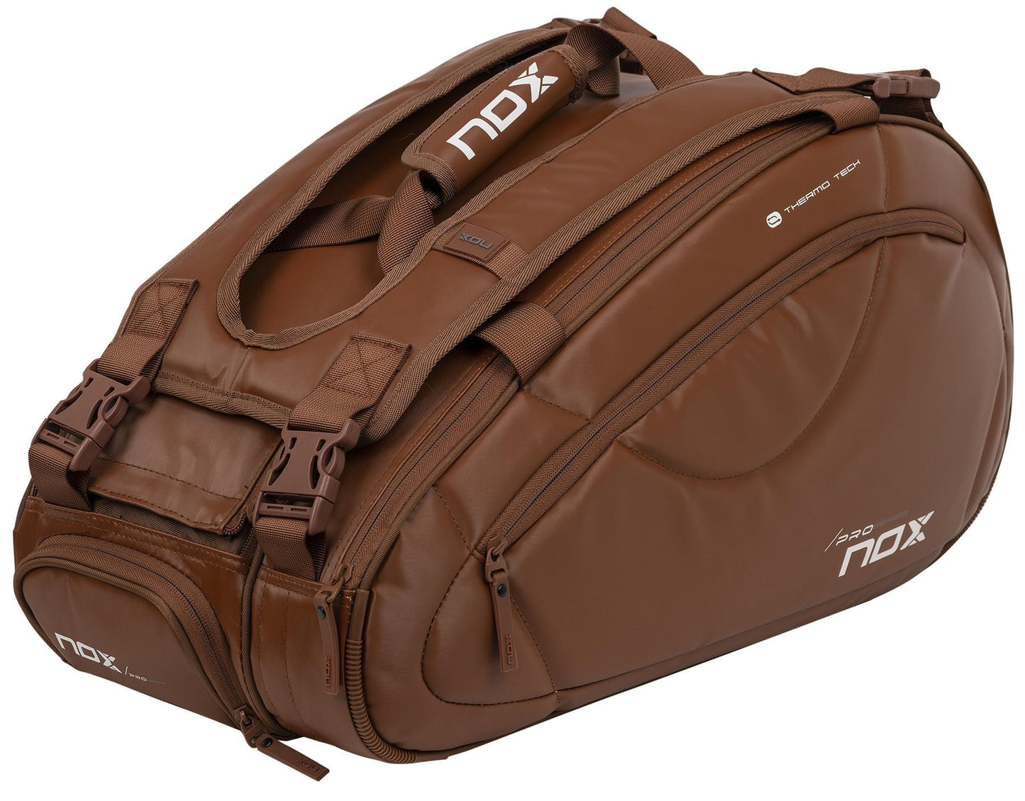 The NOX Pro Series Padel Racket Bag - Camel is a spacious 45L bag featuring multiple compartments, sturdy handles, and the NOX brand logo on the side and straps.
