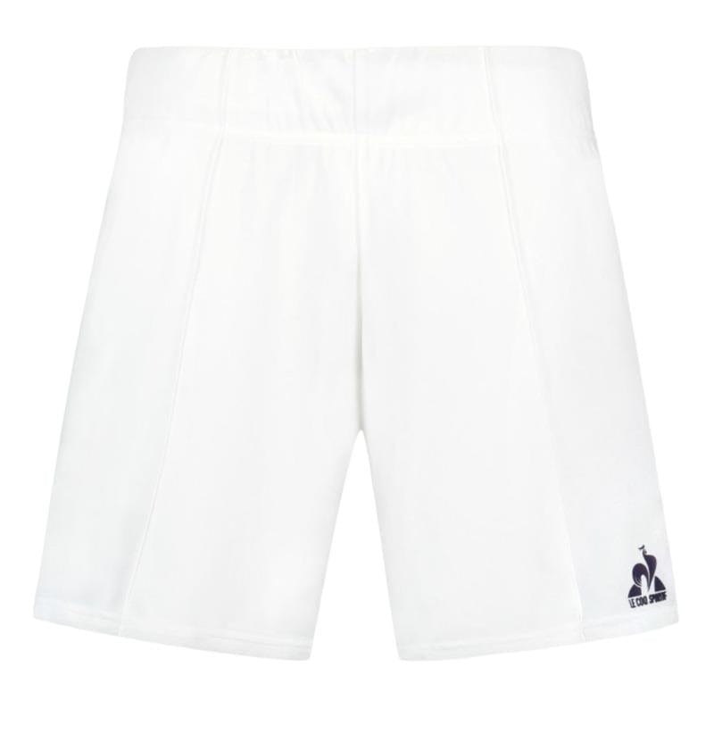 These Le Coq Sportif Pro Men's Padel Shorts in Optical White are crafted from breathable material and feature a dark blue logo on the lower left side. With a simple design and an elastic waistband, these shorts provide both comfort and style against a clean white background.