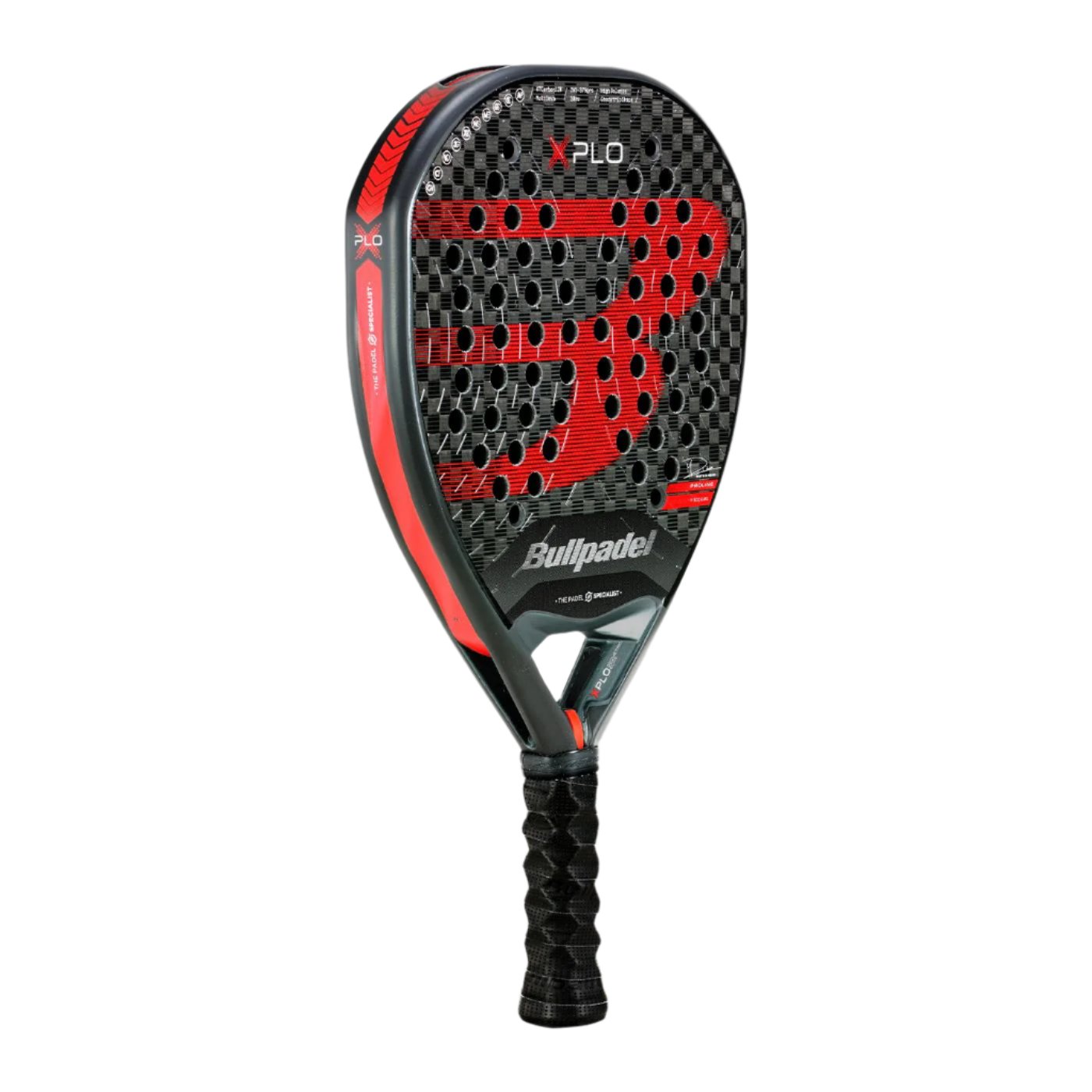 A Bullpadel Xplo 2025 Padel Racket in black and red features a textured surface with the brand "Bullpadel" prominently displayed on the face and "X-Flow" at the top. Renowned for its explosive power, it includes a handle wrapped in black grip tape to ensure ultimate control.