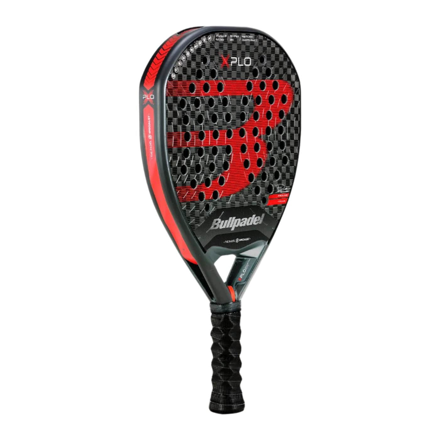 A Bullpadel Xplo 2025 Padel Racket in black and red features a textured surface with the brand "Bullpadel" prominently displayed on the face and "X-Flow" at the top. Renowned for its explosive power, it includes a handle wrapped in black grip tape to ensure ultimate control.