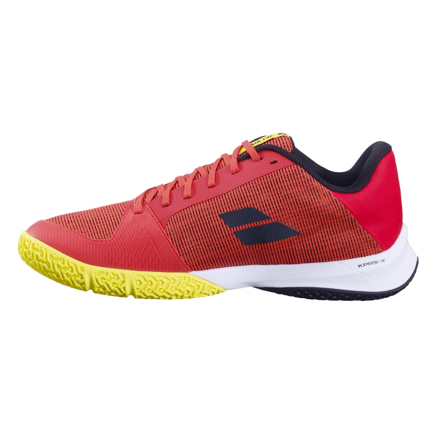 The Babolat Jet Viva Men's Padel Shoes in Poppy Red boast a sleek, modern design with a textured upper, featuring black and yellow accents. These shoes provide dynamic sports performance with their distinctive black logo and bright yellow-black sole.