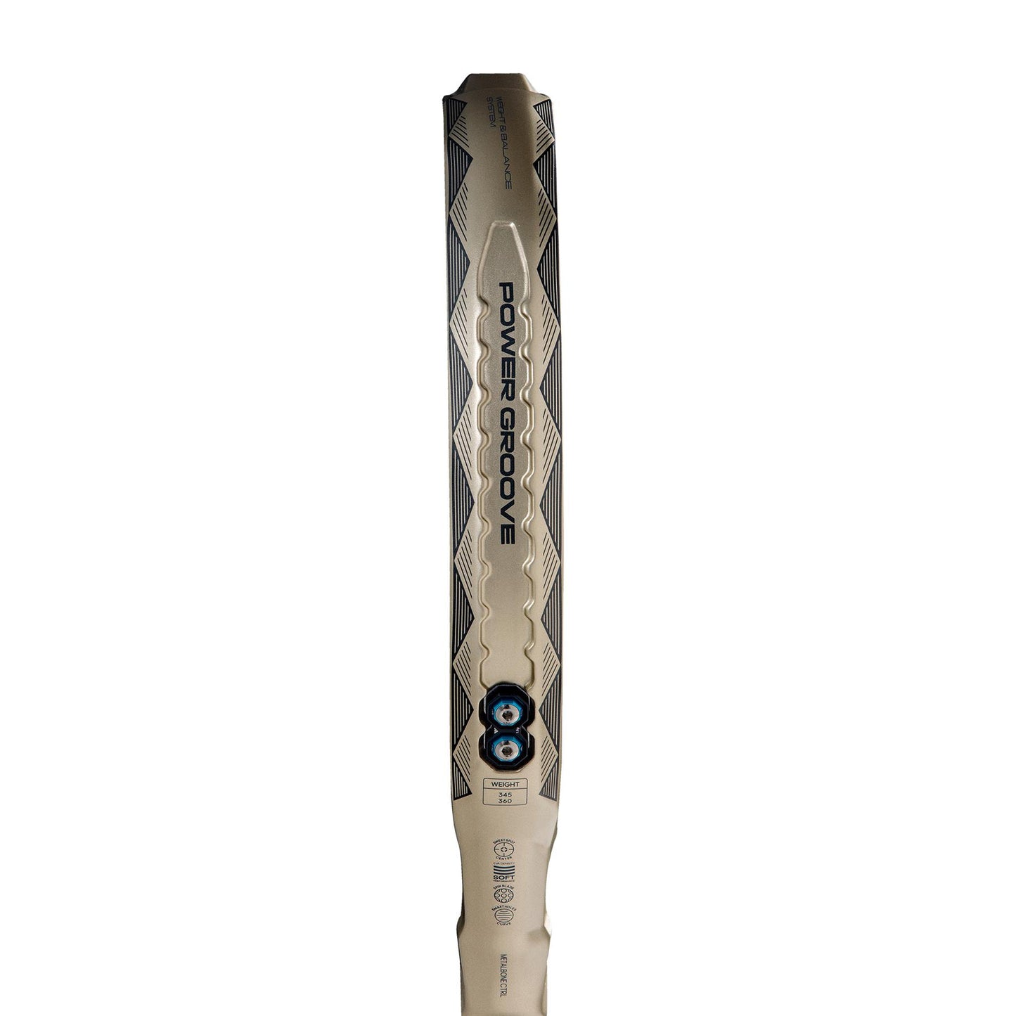 Close-up of the ADIDAS Metalbone CTRL 3.4 Padel Racket handle showcasing "Power Groove" branding with geometric patterns in black and silver. The octagonal design enhances grip texture, ensuring better handling and an improved weight and balance system.