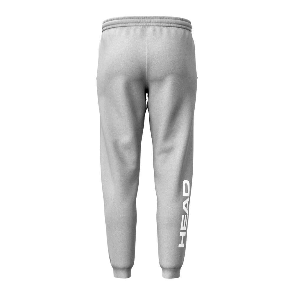 Back view of HEAD Club Original Mens Padel Pants - Grey by HEAD, in light gray French terry with elastic waistband and cuffs, featuring large vertical white "HEAD" branding on the right leg.