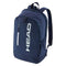 The HEAD BASE Padel Backpack 17L - Navy features a new design with a large front pocket, vertical zip pocket, two side pockets, adjustable padded straps, and a dedicated racket compartment. "HEAD" is printed vertically in white on the front.