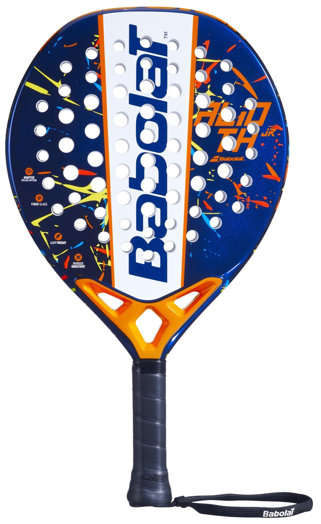 The Babolat Alioth Junior Padel Racket by Babolat features a blue and orange design with a black grip, wrist strap, circular holes, and colorful abstract patterns—perfect for kids seeking a vibrant racket.