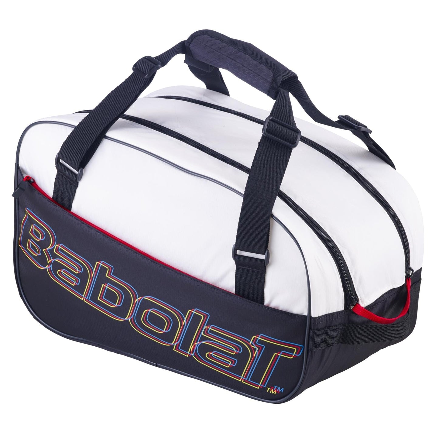 The Babolat RH Padel Lite Racket Bag in Black and White showcases vibrant embroidered lettering and durable black straps. Its elegant design, made from recycled PET, features a zippered compartment and provides a 35-liter capacity, making it perfect for transporting sports equipment.
