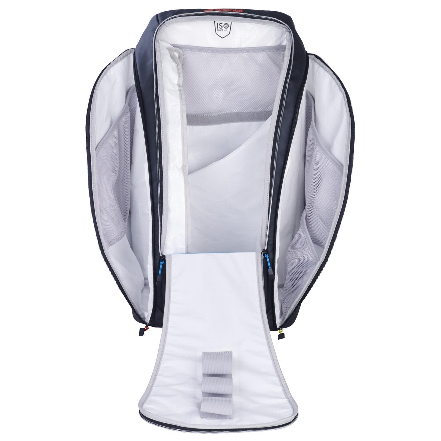 The Babolat RH Perf Padel Backpack in black showcases a durable waterproof exterior and opens to reveal an organized interior featuring multiple compartments, mesh pockets, and a main storage area. This design by Babolat ensures optimal storage and protection for your essentials.