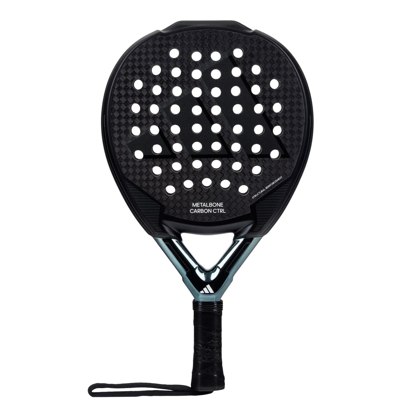 The ADIDAS Metalbone Carbon CTRL 3.3 Padel Racket in black by adidas boasts a teardrop shape with a 6K Carbon pattern, white circular holes, and a black handle with a wrist strap—ideal for players seeking precision and strength on the court.