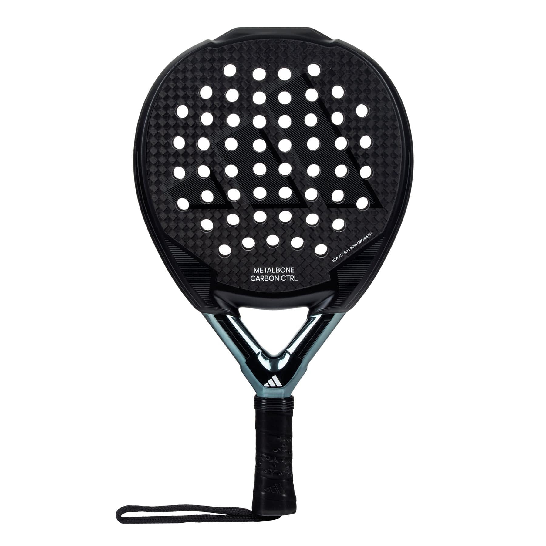 The ADIDAS Metalbone Carbon CTRL 3.3 Padel Racket in black by adidas boasts a teardrop shape with a 6K Carbon pattern, white circular holes, and a black handle with a wrist strap—ideal for players seeking precision and strength on the court.