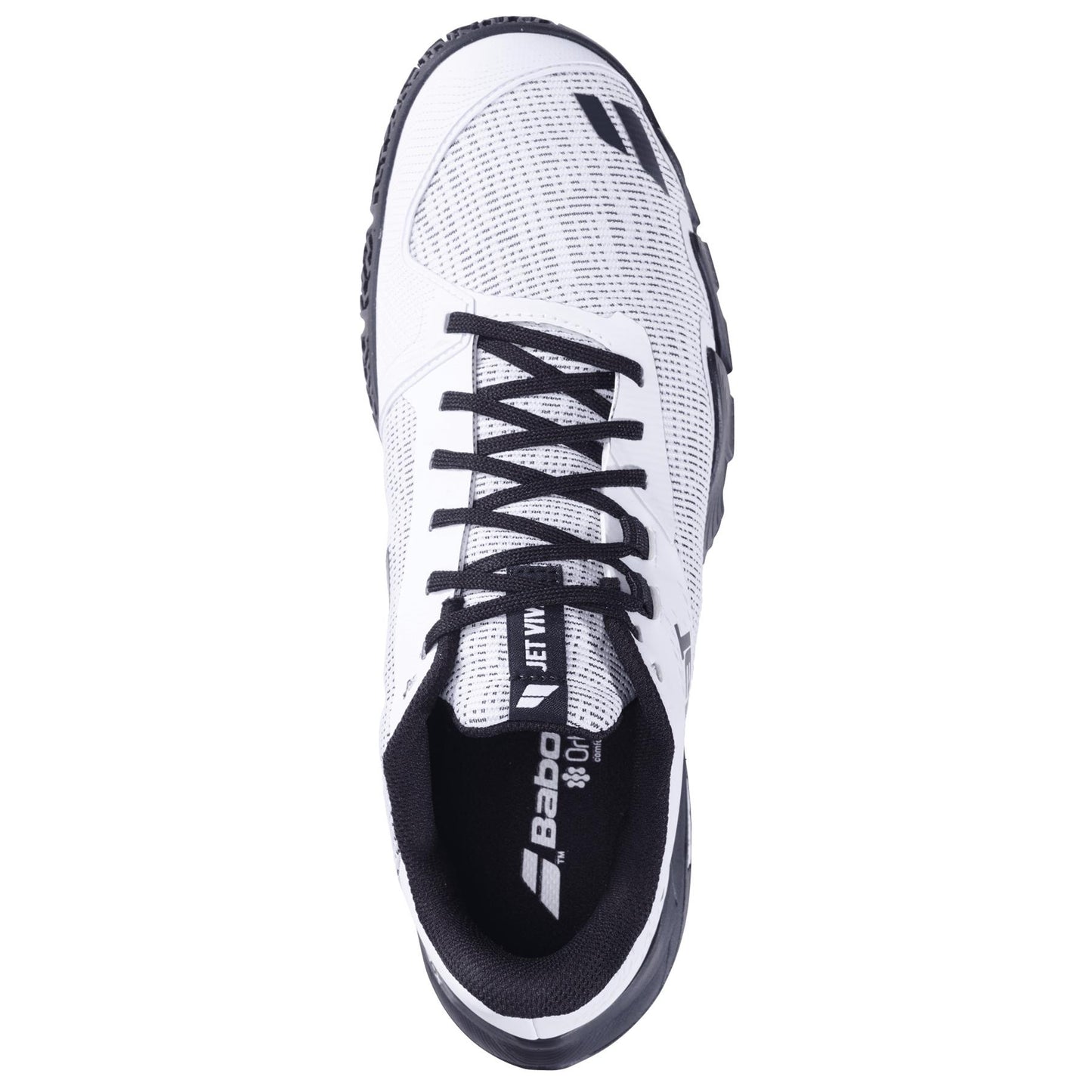 The Babolat Jet Viva Men's Padel Shoes in white/black are designed for intermediate players, featuring a black sole, patterned texture, and branding on the tongue and toe. The shoes also include black laces for a sleek finish.