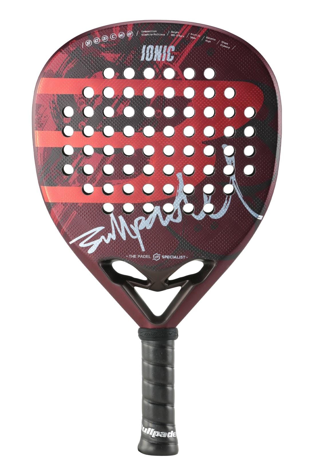 The Bullpadel Ionic Power 2024 Padel Racket - Red features a striking red and black color scheme with a perforated design. It boasts a Diamond Head Shape, complete with white branding and signatures on the face. The racket's performance is enhanced by the Multieva Core, while the handle is wrapped in black grip tape for superior control.