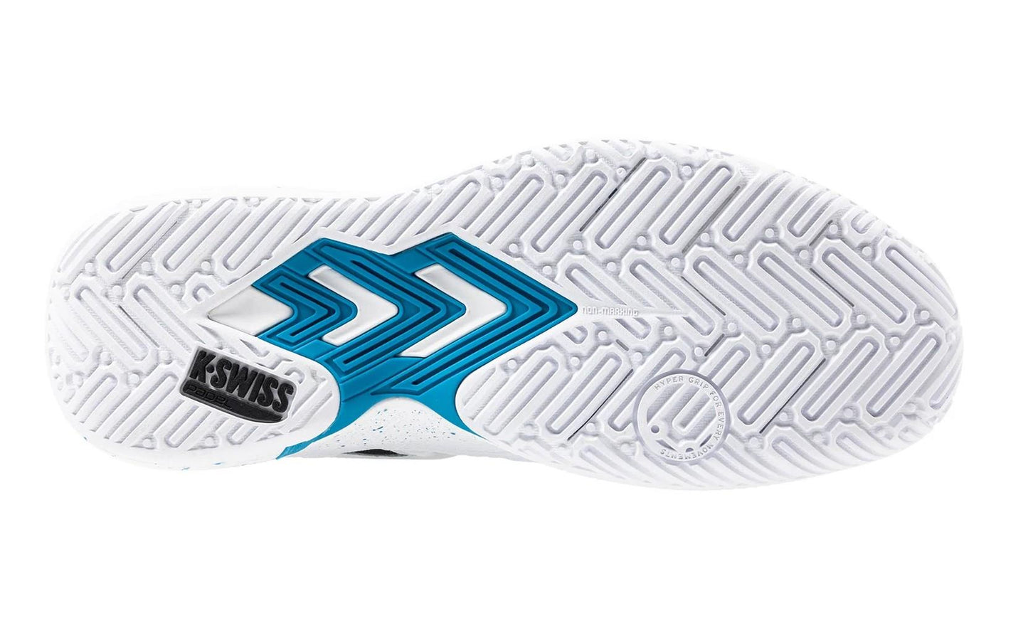 The image shows the underside of a K-Swiss Tura Team Mens Padel Shoe, featuring a durable white and blue geometric tread with chevrons and circular grooves for improved court grip. A black "K-SWISS" logo is positioned near the heel, making it ideal for traction-focused padel shoes.