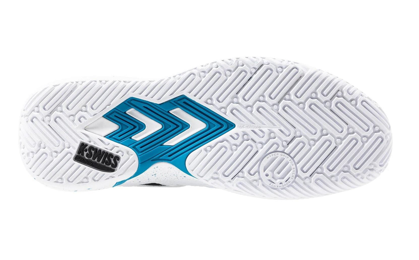 The image shows the underside of a K-Swiss Tura Team Mens Padel Shoe, featuring a durable white and blue geometric tread with chevrons and circular grooves for improved court grip. A black "K-SWISS" logo is positioned near the heel, making it ideal for traction-focused padel shoes.