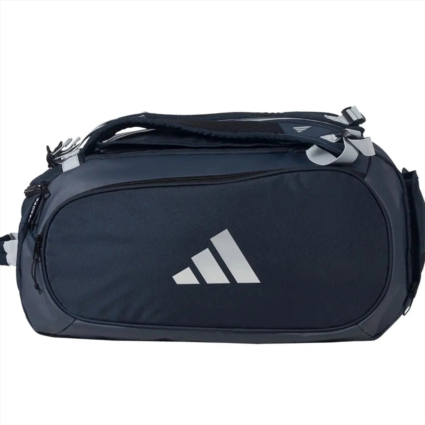 The ADIDAS Tour 3.4 Padel Racket Bag by adidas is a blue sports bag with multiple zippers and a top handle, ideal for padel rackets or equipment, and is shown against a plain white background.