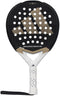 The ADIDAS Metalbone Carbon CTRL 3.4 padel racket for advanced players features a perforated black surface with a gold geometric logo, a white handle with black polka dots, and includes a wrist strap.