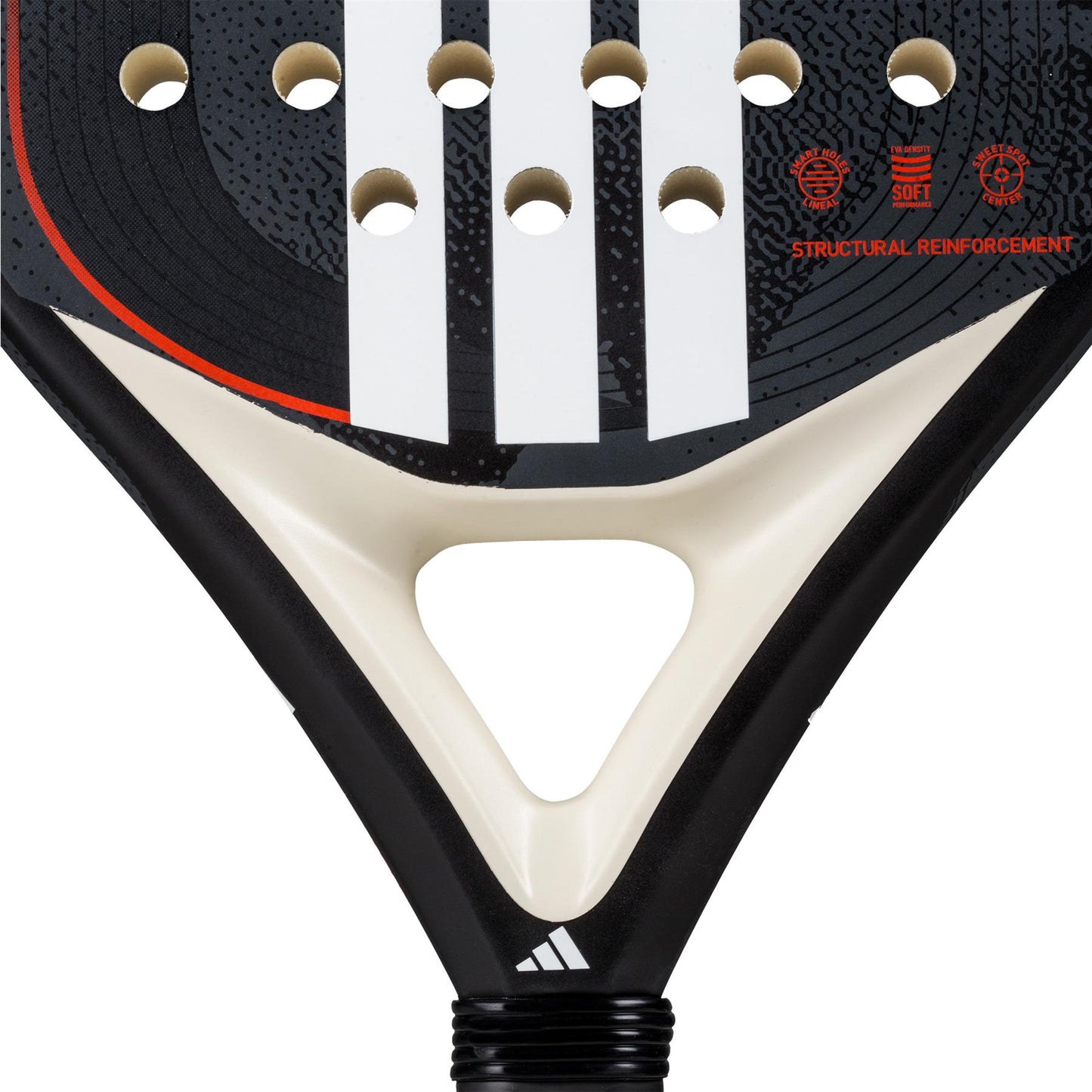 Close-up of the adidas ADIDAS Drive Black 3.4 Padel Racket, ideal for beginners. It features a sleek black and white design with three vertical stripes, a fibreglass top with circular holes, and red icons indicating "STRUCTURAL REINFORCEMENT," "SOFT 1," and "EVA.
