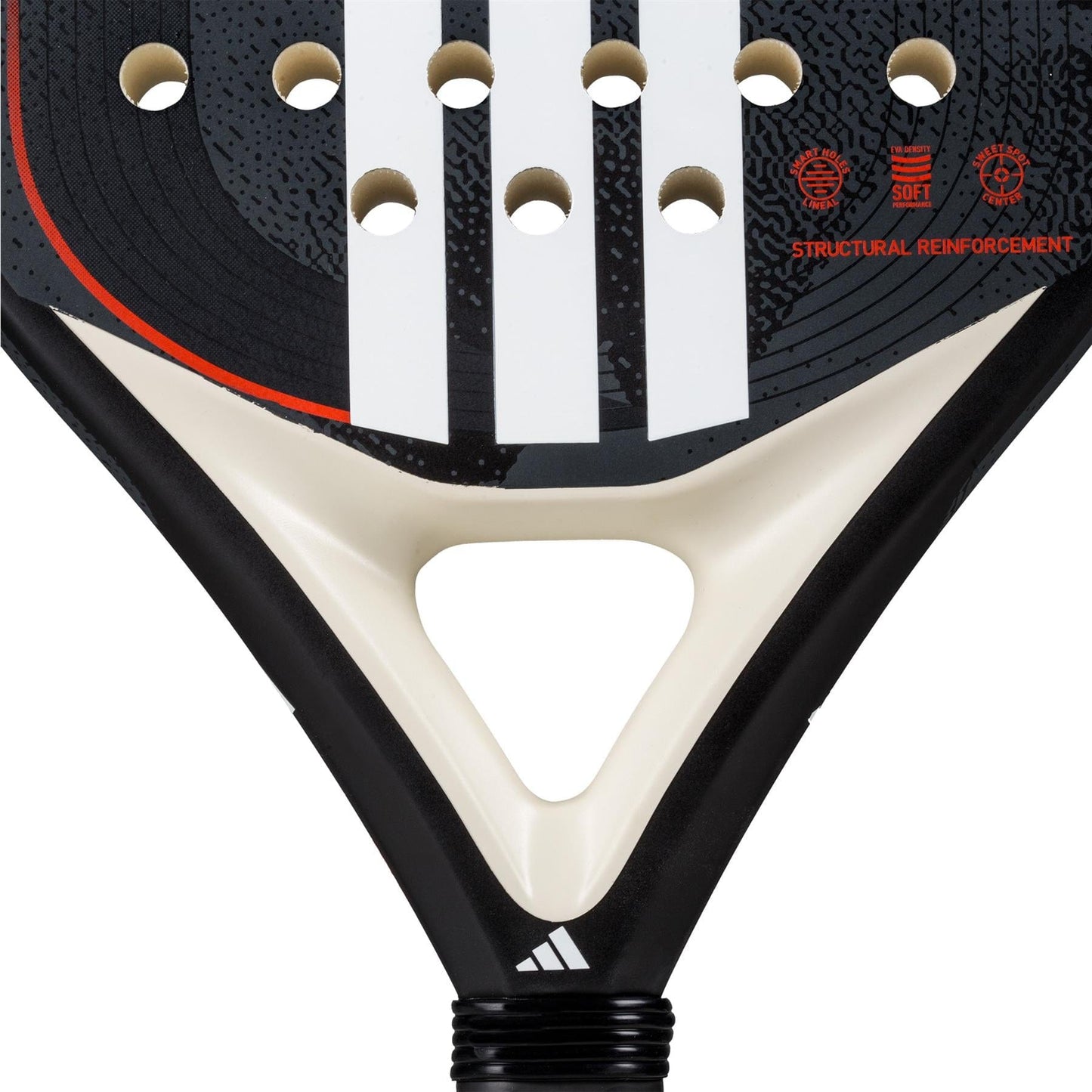 Close-up of the adidas ADIDAS Drive Black 3.4 Padel Racket, ideal for beginners. It features a sleek black and white design with three vertical stripes, a fibreglass top with circular holes, and red icons indicating "STRUCTURAL REINFORCEMENT," "SOFT 1," and "EVA.