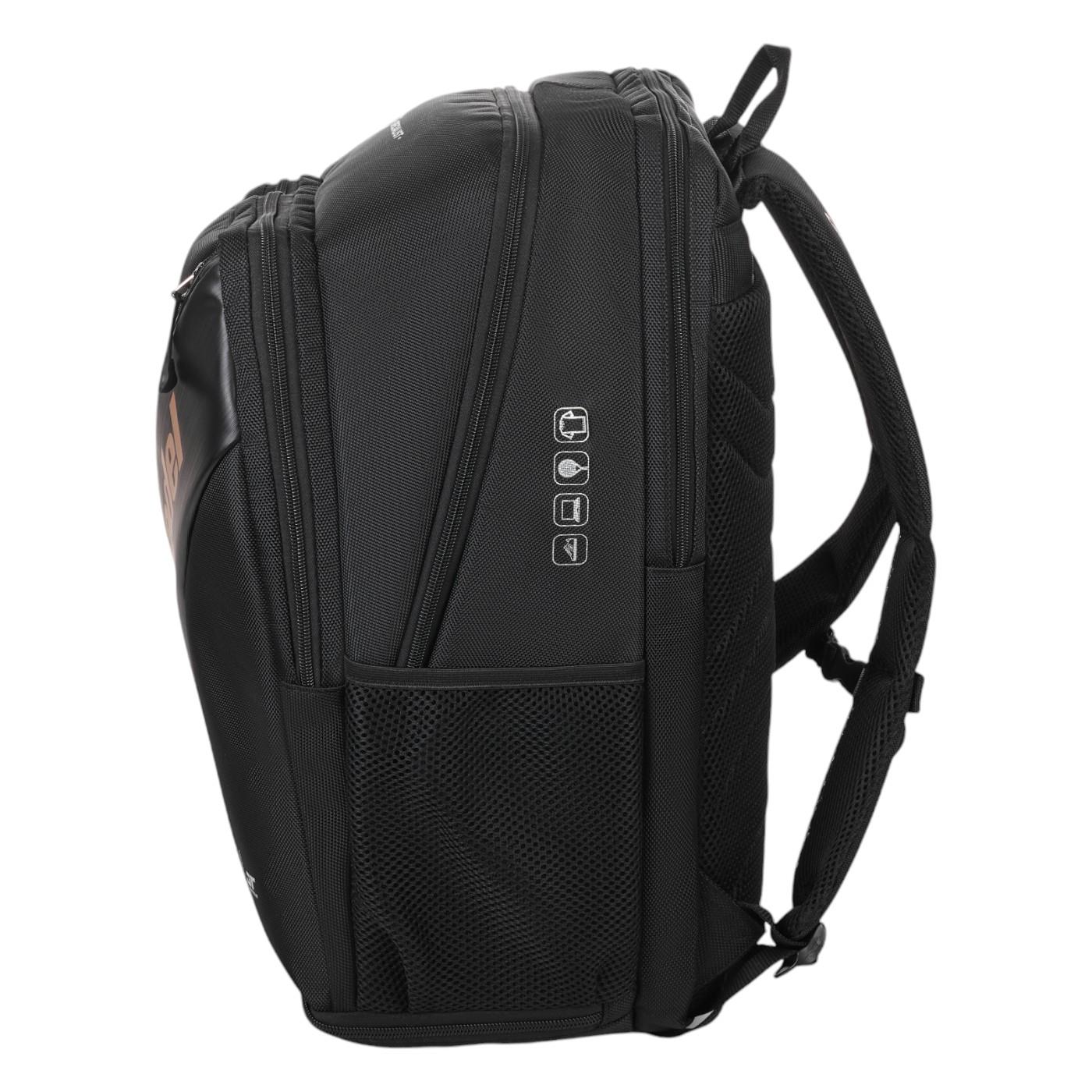 The Bullpadel Vertex 25 Padel Backpack in black features padded shoulder straps and multiple zippered compartments. Side mesh pockets with icon graphics are perfect for carrying your Vertex Padel Racket and other tennis equipment easily.