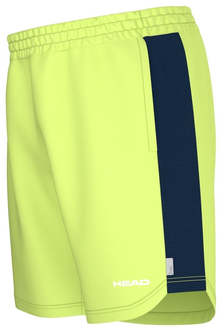 The HEAD Power Men's Padel Shorts - LL in neon yellow feature an elastic waistband, black vertical side stripe, and "HEAD" in white near the hem. Crafted for super-stretchy comfort, they include Moisture Transfer Microfiber tech to keep you cool—ideal for padel sports.