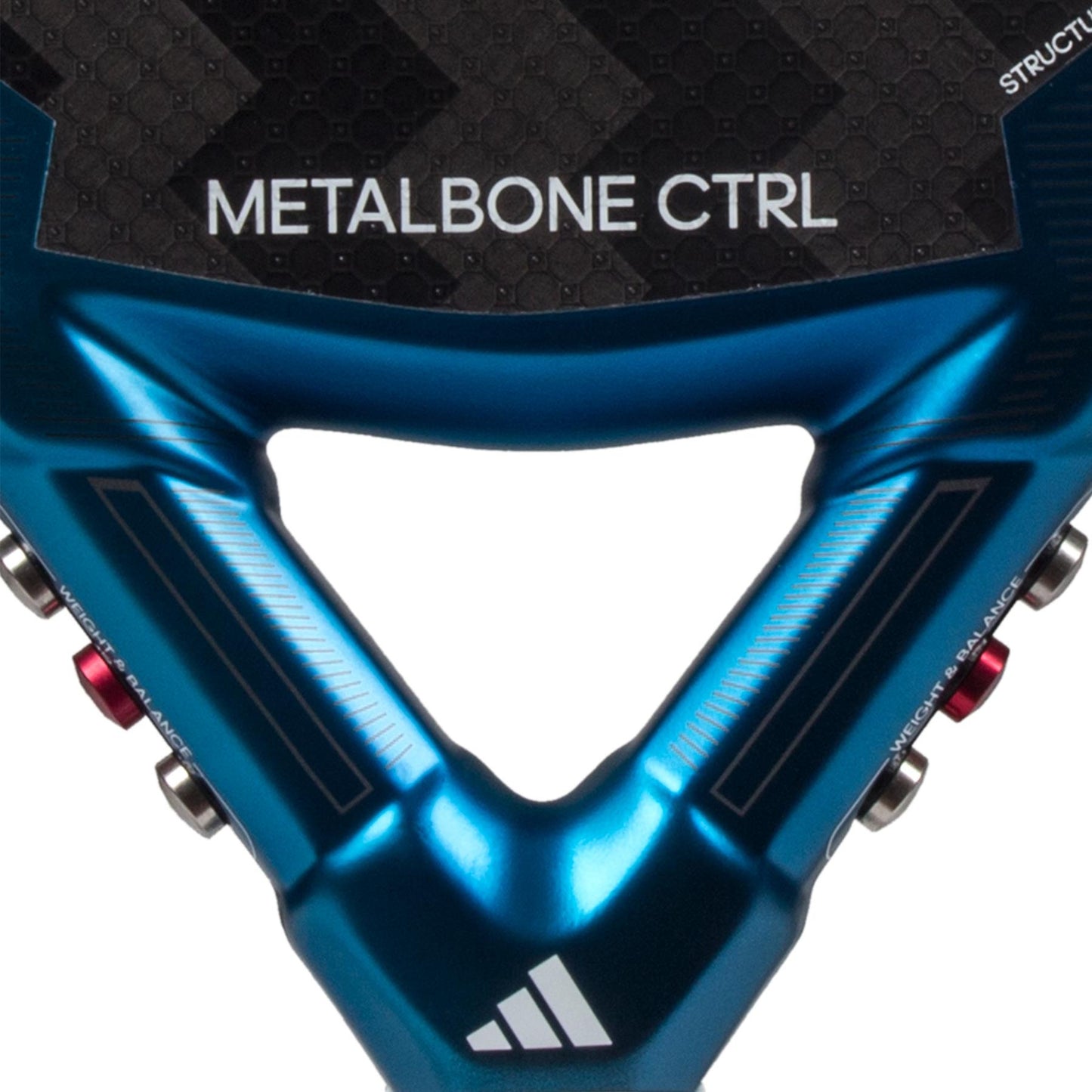 Close-up of the adidas Metalbone CTRL 3.3 Padel Racket - Blue, crafted for advanced players. It features a blue paddle surface with "METALBONE CTRL," displaying a hexagonal pattern and metallic components, highlighted by red accents and a small logo at the bottom.