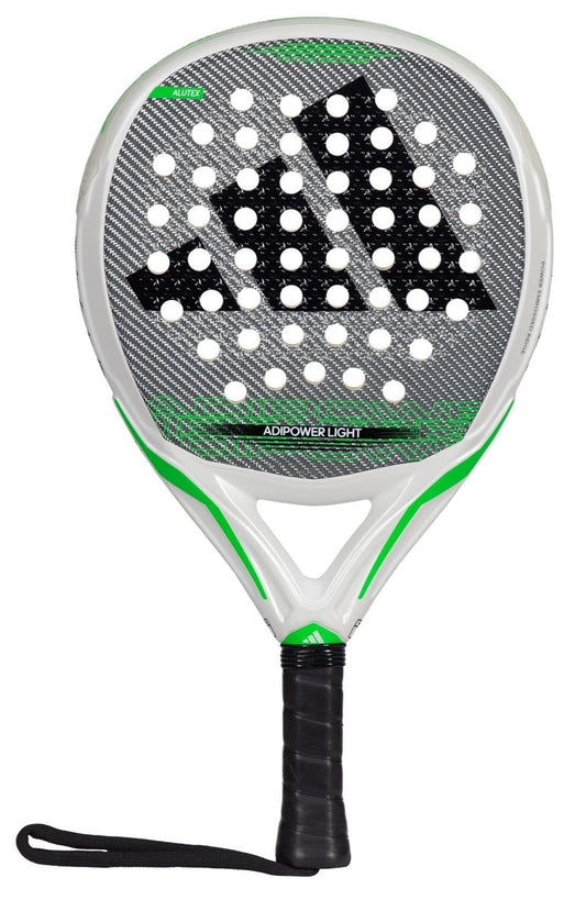 The ADIDAS Adipower Light 3.3 Padel Racket features a prominent black logo on its textured surface, delivering exceptional control accented by green highlights on the sleek white frame. The handle is black and includes a wrist strap for added security during play.