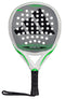 The ADIDAS Adipower Light 3.3 Padel Racket features a prominent black logo on its textured surface, delivering exceptional control accented by green highlights on the sleek white frame. The handle is black and includes a wrist strap for added security during play.