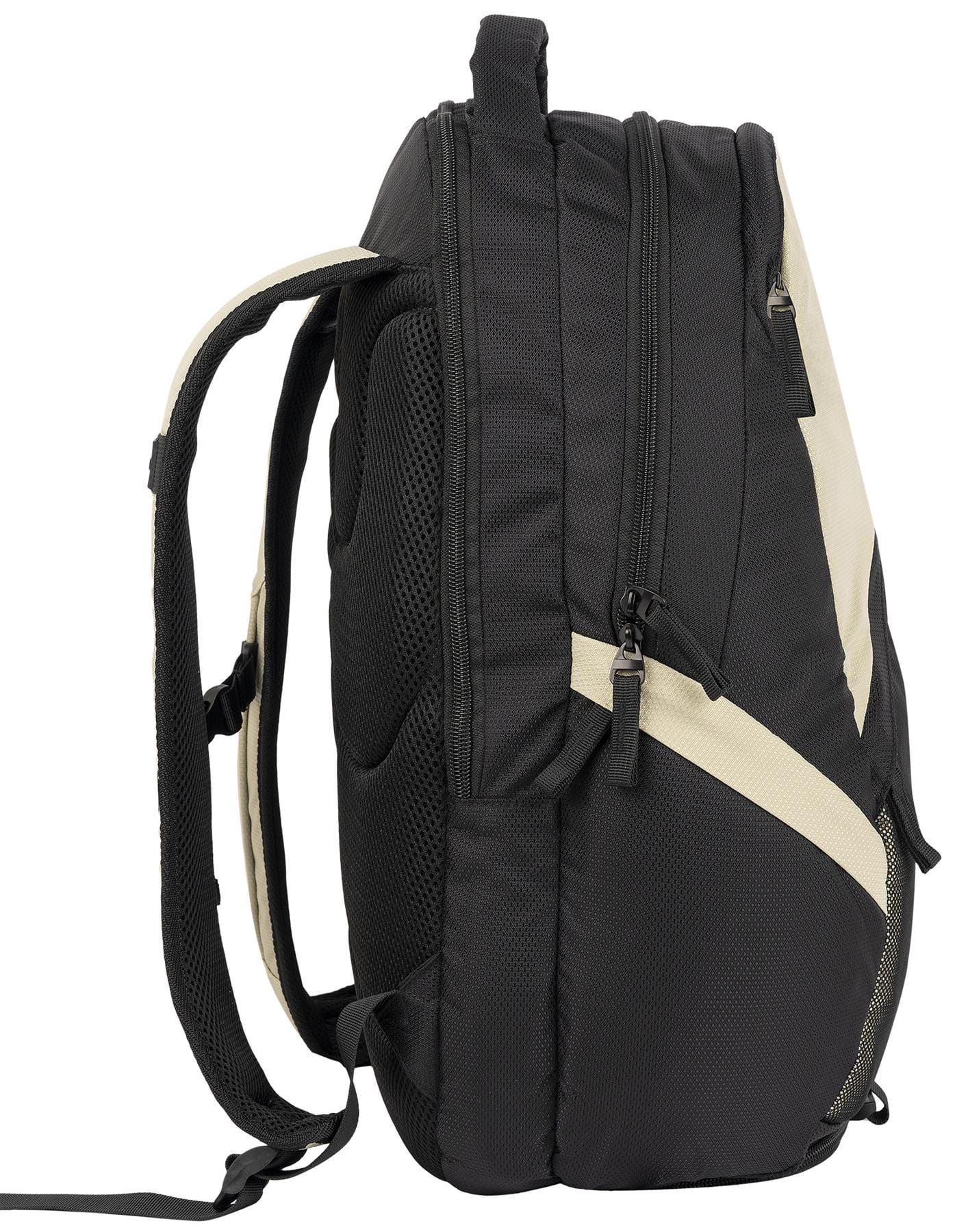 Side view of the NOX Street Series Padel Racket Bag - Black / Grey by NOX, featuring padded shoulder straps, multiple zippered compartments, ThermoTech fabric, and room for padel rackets.