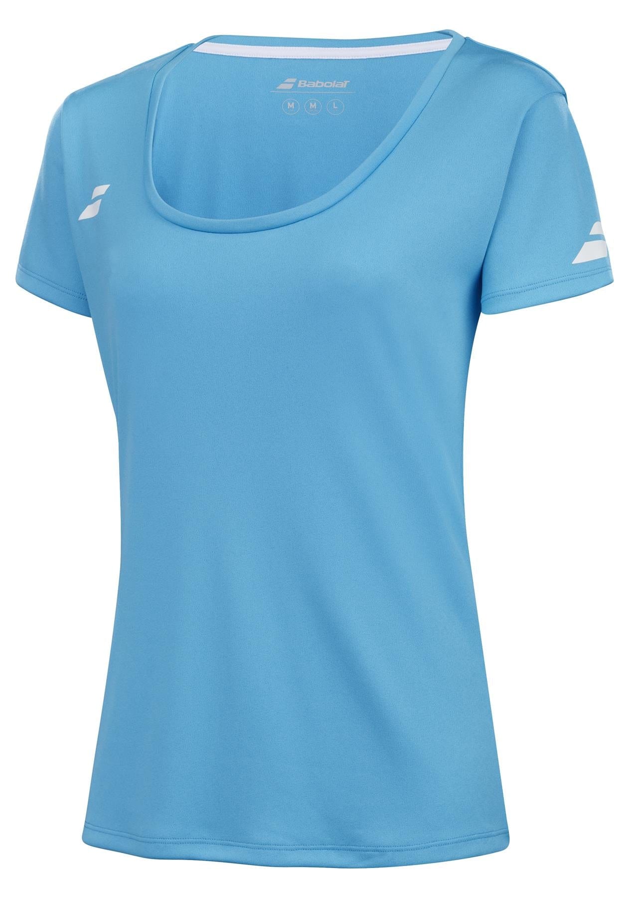 Introducing the Babolat Play Women's Padel Cap Sleeve Top in Cyan Blue, featuring a scoop neckline. Made from recycled polyester fabric, this stylish and sustainable top displays a small logo on the chest, making it ideal for both sports and casual wear. Photographed on a plain white background, it beautifully highlights its elegant design by Babolat.