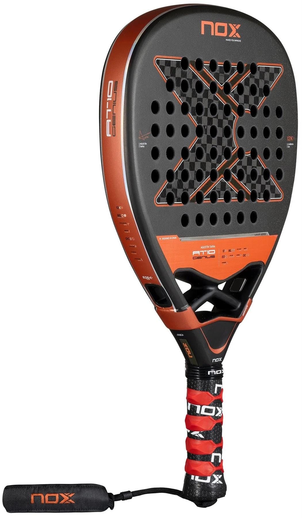 The NOX AT10 Luxury Genius Attack 12K By Agustin Tapia 2025 Padel Racket features a black and red design with a large "X", 12K carbon fiber, perforated holes, a cushioned handle with red grip tape, and a detachable wrist strap.