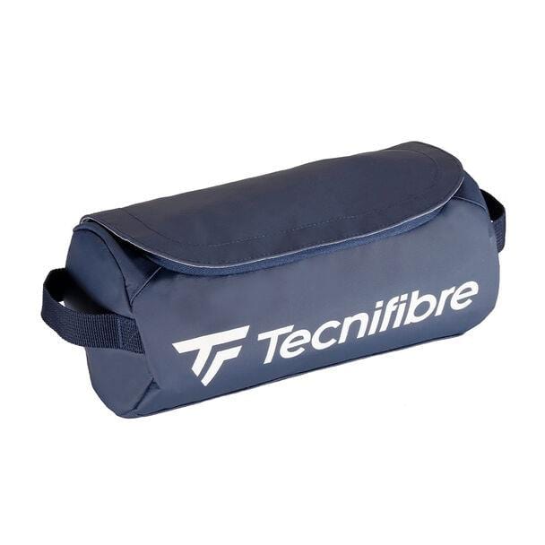 The Tecnifibre Tour Endurance Mini Accessory Bag in navy blue is a cylindrical, waterproof bag with a handle and flap closure. Featuring the Tecnifibre logo in white, it keeps your accessories secure and stylish.