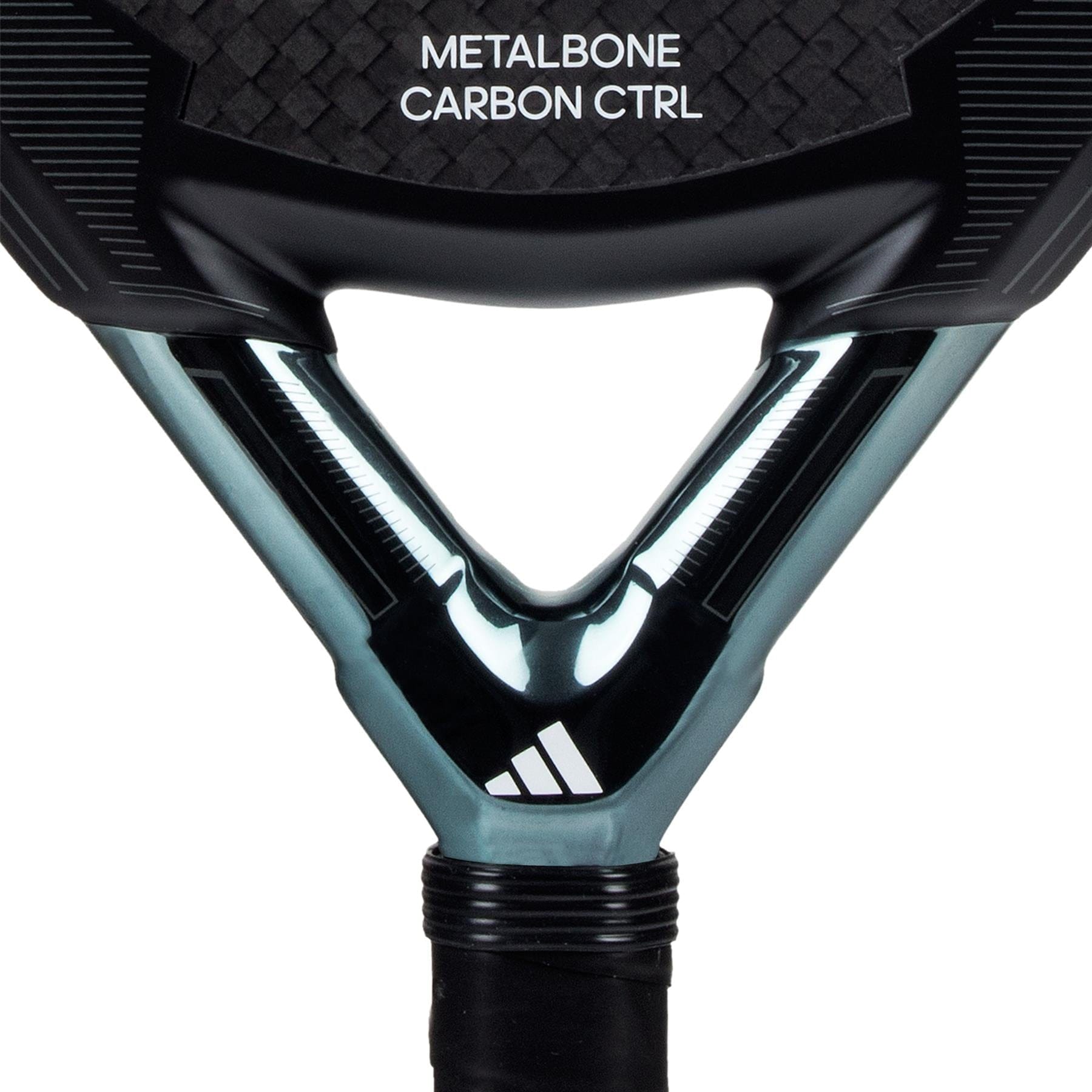 Close-up of the adidas ADIDAS Metalbone Carbon CTRL 3.3 padel racket in black, highlighting "METALBONE CARBON CTRL" on the throat and a white logo on the neck; sleek design enhanced by a Spin Blade Decal for a modern aesthetic.