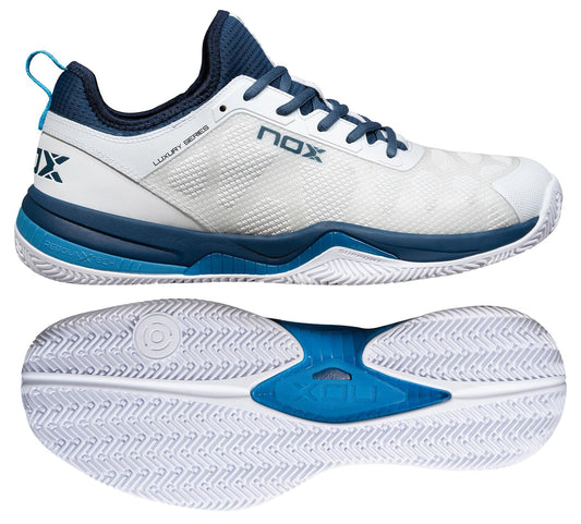 NOX Nerbo Mens Padel Shoes - White / Swedish Blue by NOX shown from the side and bottom, highlight a mesh upper, textured sole, blue accents, and advanced comfort technology for top padel performance.