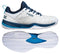 NOX Nerbo Mens Padel Shoes - White / Swedish Blue by NOX shown from the side and bottom, highlight a mesh upper, textured sole, blue accents, and advanced comfort technology for top padel performance.