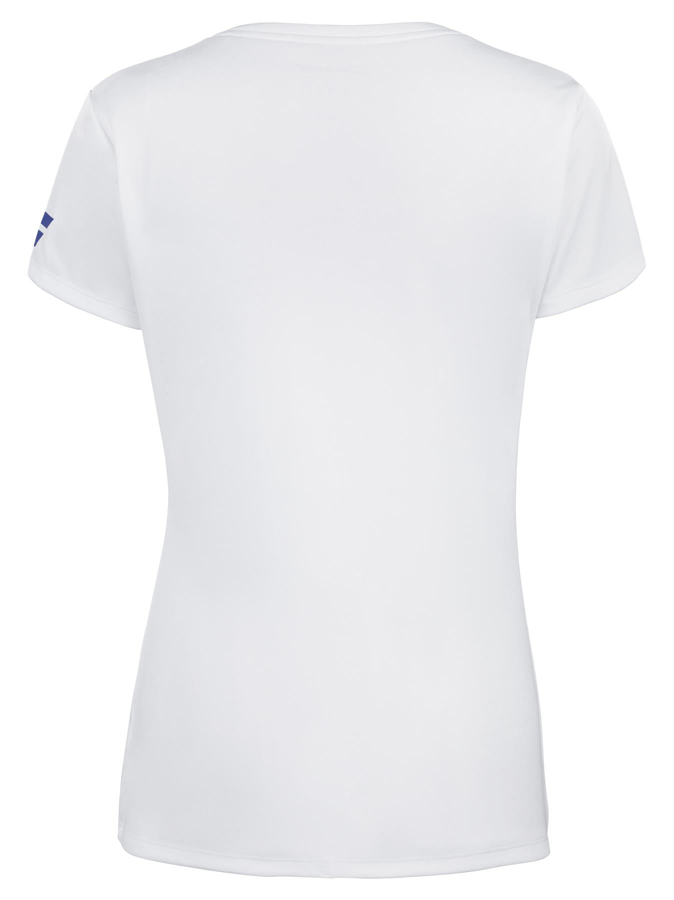 The back view of a simple white Babolat Play Women's Padel Cap Sleeve Top against a white background. A discreet logo on the sleeve enhances the elegance of this Fiber Dry-crafted top.