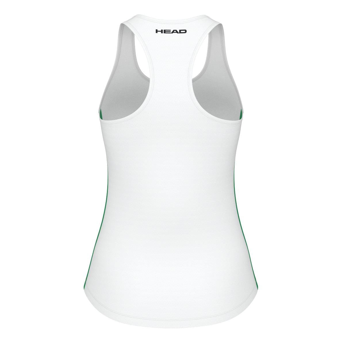 The image showcases the HEAD Spirit Women's Padel Tank Top in white, featuring a racerback design and green detailing along the sides. As part of the HEAD Sportswear MXM collection, its Moisture Transfer Microfibre ensures comfort. The "HEAD" brand name is prominently printed at the top neckline.