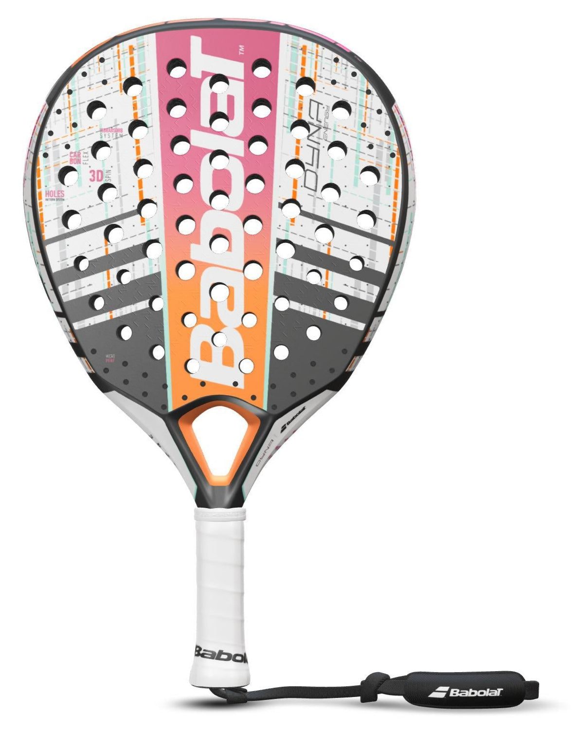 The Babolat Dyna Energy Padel Racket - White / Pink showcases a lively design in pink, orange, and white. It includes a perforated Carbon Flex surface and a black handle with a white grip. The brand name "Babolat" is distinctly displayed on the front.