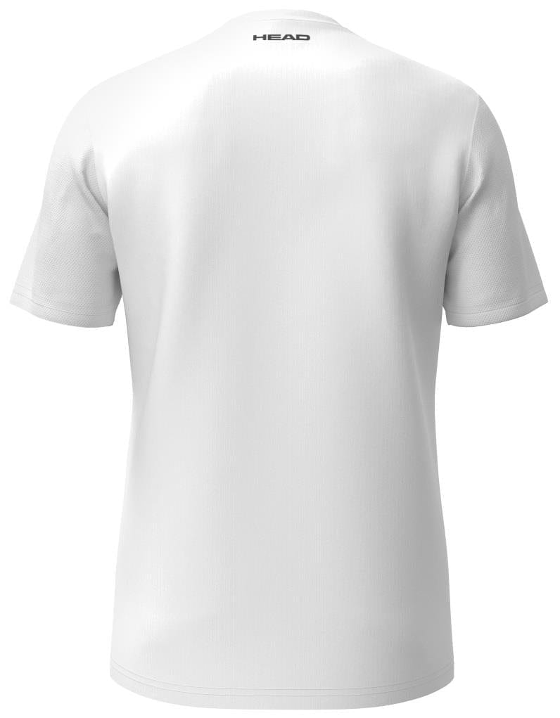 From the back, the HEAD Club Tech 25 Men's Padel T-Shirt in white features "HEAD" in black near the top collar. Made with Moisture Transfer Microfiber, it offers a smooth and lightweight feel, providing excellent breathability for casual or sportswear.
