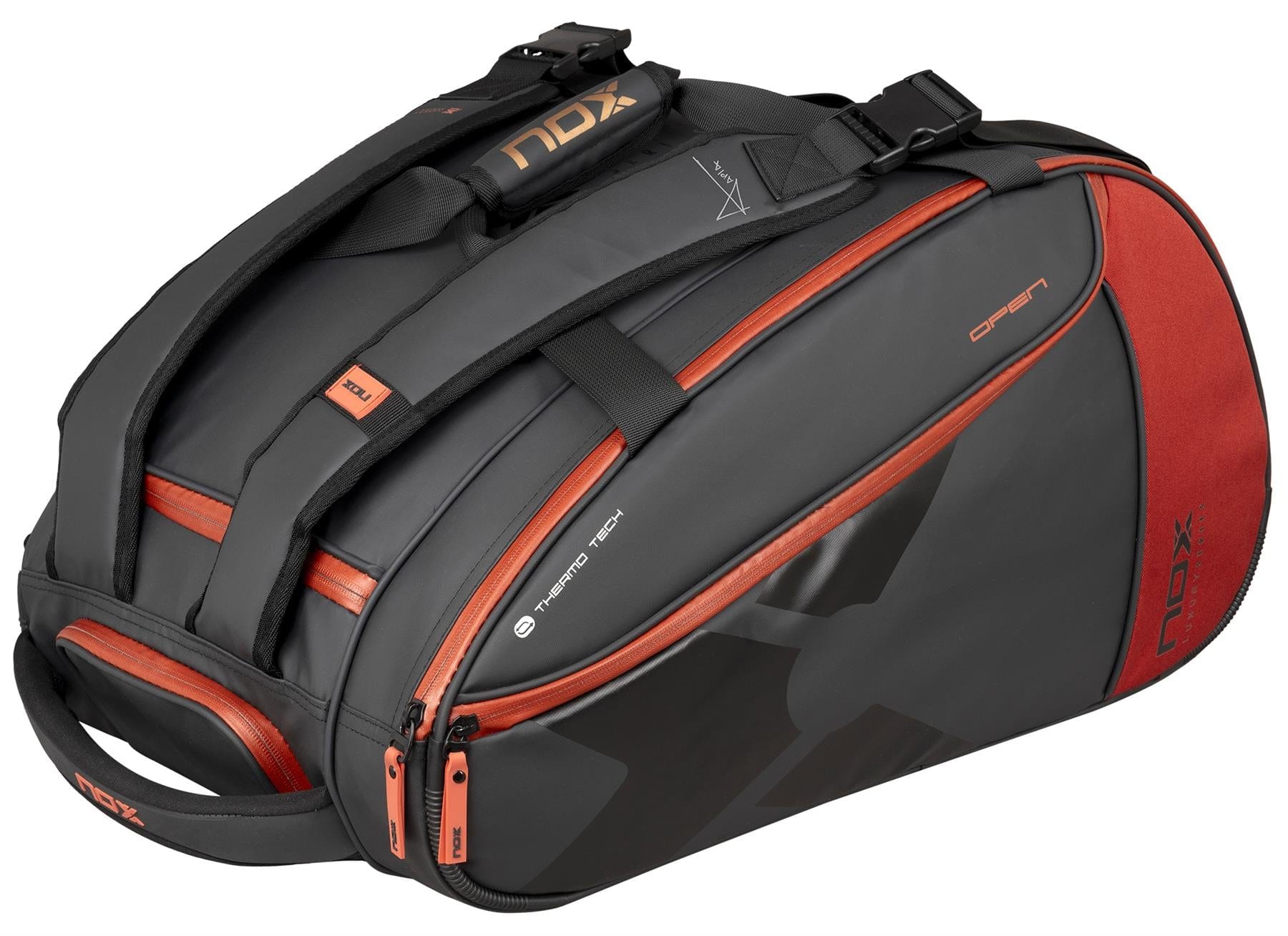 The NOX Luxury Open Series Padel Racket Bag in black and red features shoulder straps, side handles, multiple zippered compartments, NOX ThermoTech technology, and visible NOX branding on the top and side.
