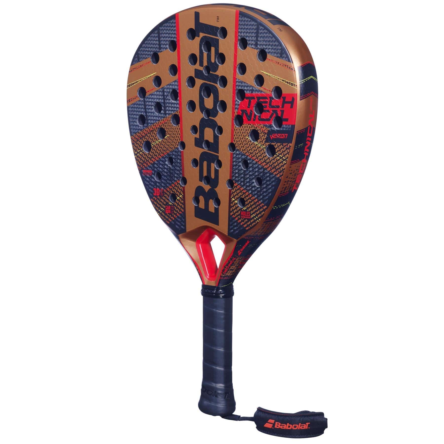 Unleash dynamic power with the Babolat Technical Veron Padel Racket in Copper and Black, featuring a Carbon Flex surface. Its striking brown, black, and red design is enhanced by a textured finish and includes a secure wrist strap attached to the handle.