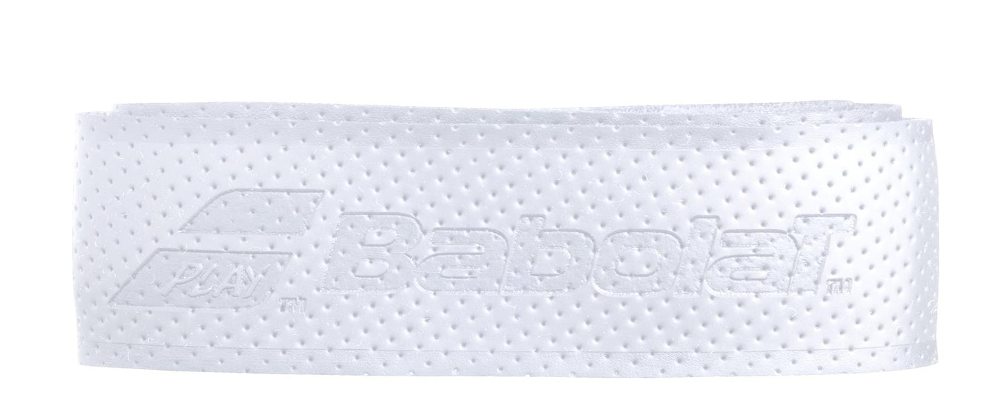 Introducing the Babolat Syntec Evo X1 Replacement Padel Grip in white, which boasts a perforated texture to enhance grip and absorb moisture. Experience unparalleled comfort with every swing, complemented by an embossed Babolat logo that adds elegance to your game.