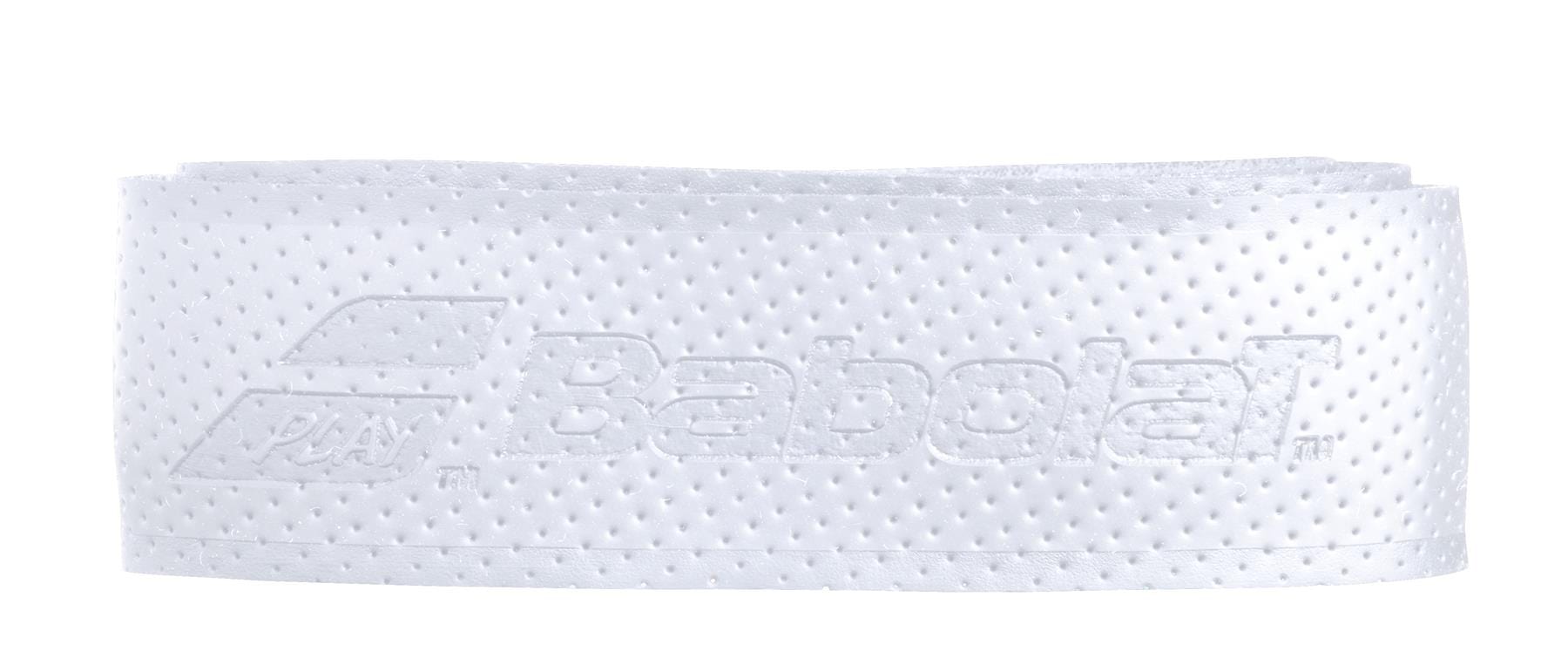 Introducing the Babolat Syntec Evo X1 Replacement Padel Grip in white, which boasts a perforated texture to enhance grip and absorb moisture. Experience unparalleled comfort with every swing, complemented by an embossed Babolat logo that adds elegance to your game.