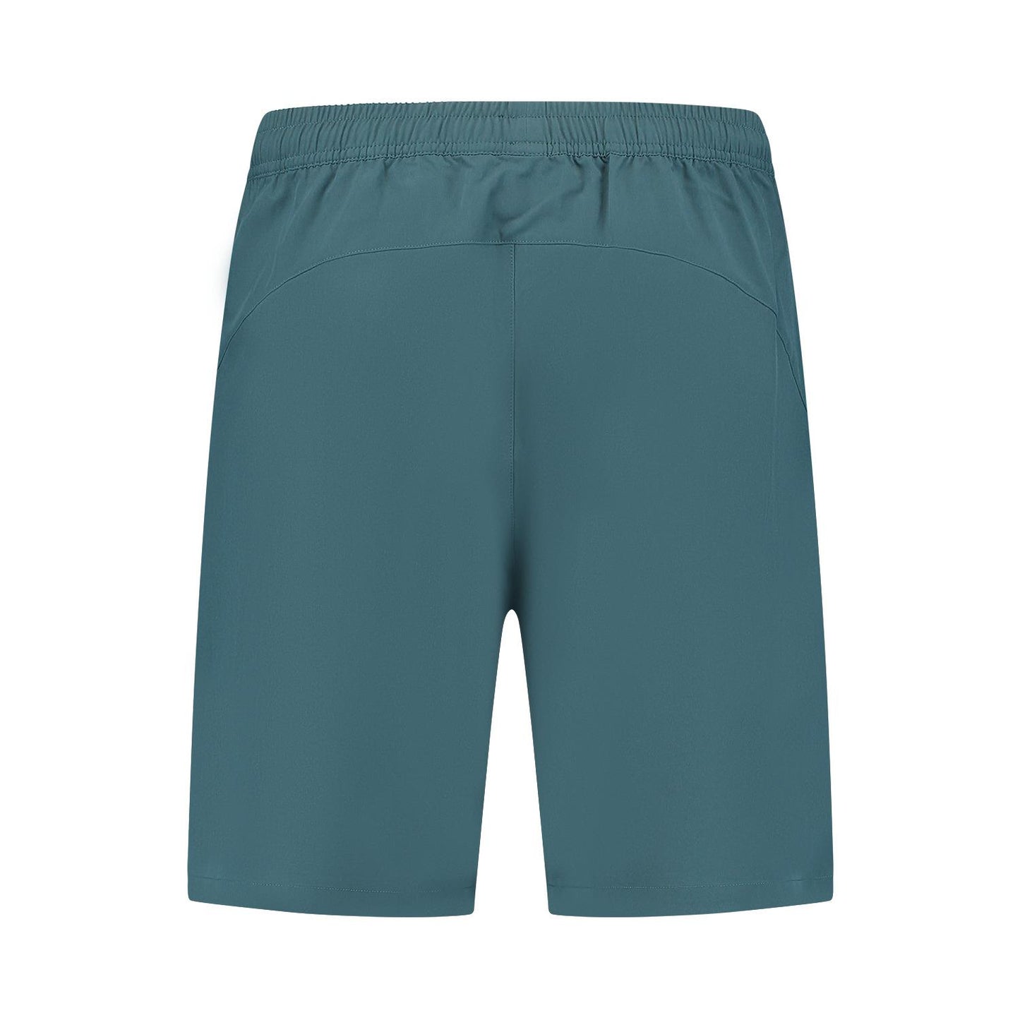 Back view of elastic waistband teal shorts, crafted from four-way stretch polyester, offering a smooth and lightweight feel ideal for sports or exercise activities like wearing K-Swiss Hypercourt 7" Men's Padel Shorts 2 - Stargazer during a match.