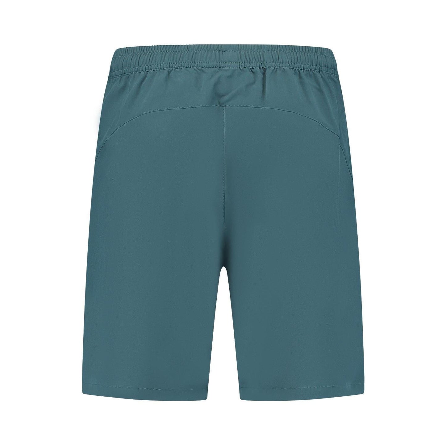 Back view of elastic waistband teal shorts, crafted from four-way stretch polyester, offering a smooth and lightweight feel ideal for sports or exercise activities like wearing K-Swiss Hypercourt 7" Men's Padel Shorts 2 - Stargazer during a match.