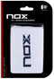 The NOX Padel Wristband - White / Navy Blue offers wrist protection with Balance Fresh tech and features the NOX logo. Packaged in a black/red blister pack marked “NOX Pro Series Accessories” and “World Padel Tour Official Accessories.”.