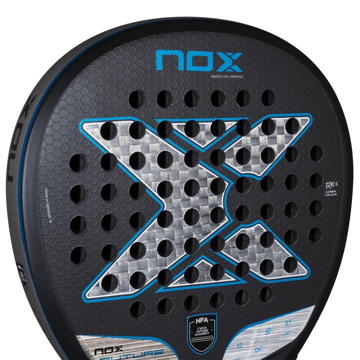 Close-up of the NOX NFA Future Hybrid 12K Alum Padel Racket in black/blue, showcasing a prominent silver X design, carbon 12K build, multiple perforations, detailed branding, and signature NOX craftsmanship.