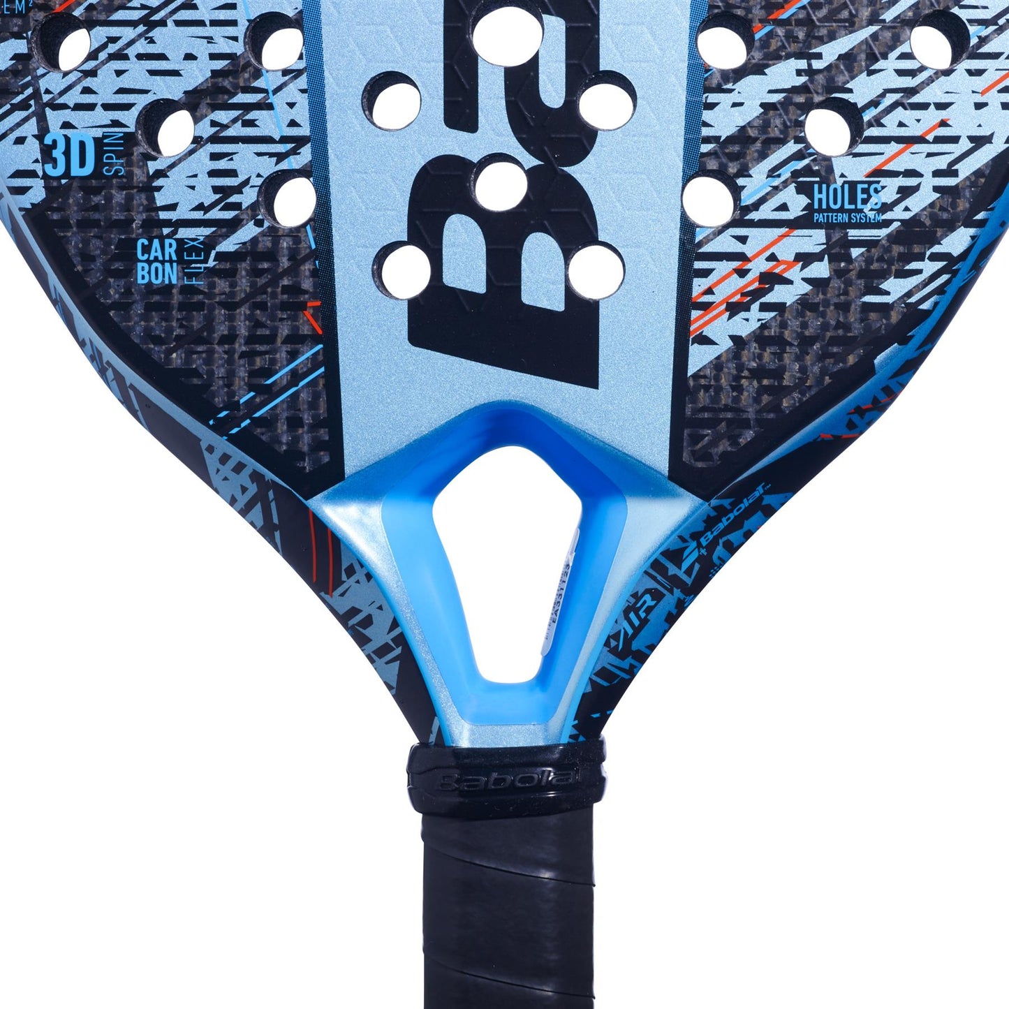 A close-up of the Babolat Air Veron Padel Racket - Blue / Black showcases its perforated round surface with a carbon fiber design and blue accents for dynamic power. The handle is wrapped in black grip tape for enhanced comfort, while a prominent letter "B" adds an elegant touch to the overall design.